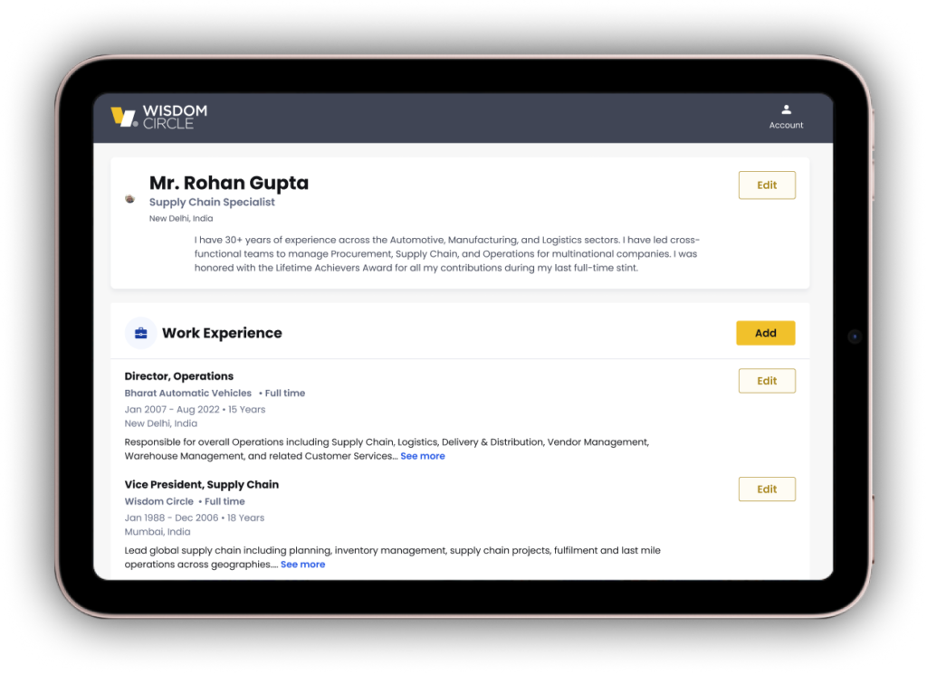 Screenshot of the create profile feature from WisdomCircle platform